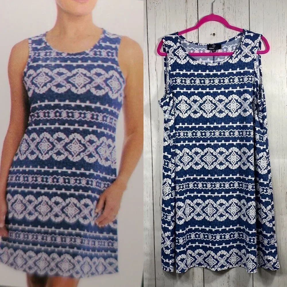 Ronni Nicole Blue White Sleeveless Shift Dress XXL Geometric Coastal Resortwear